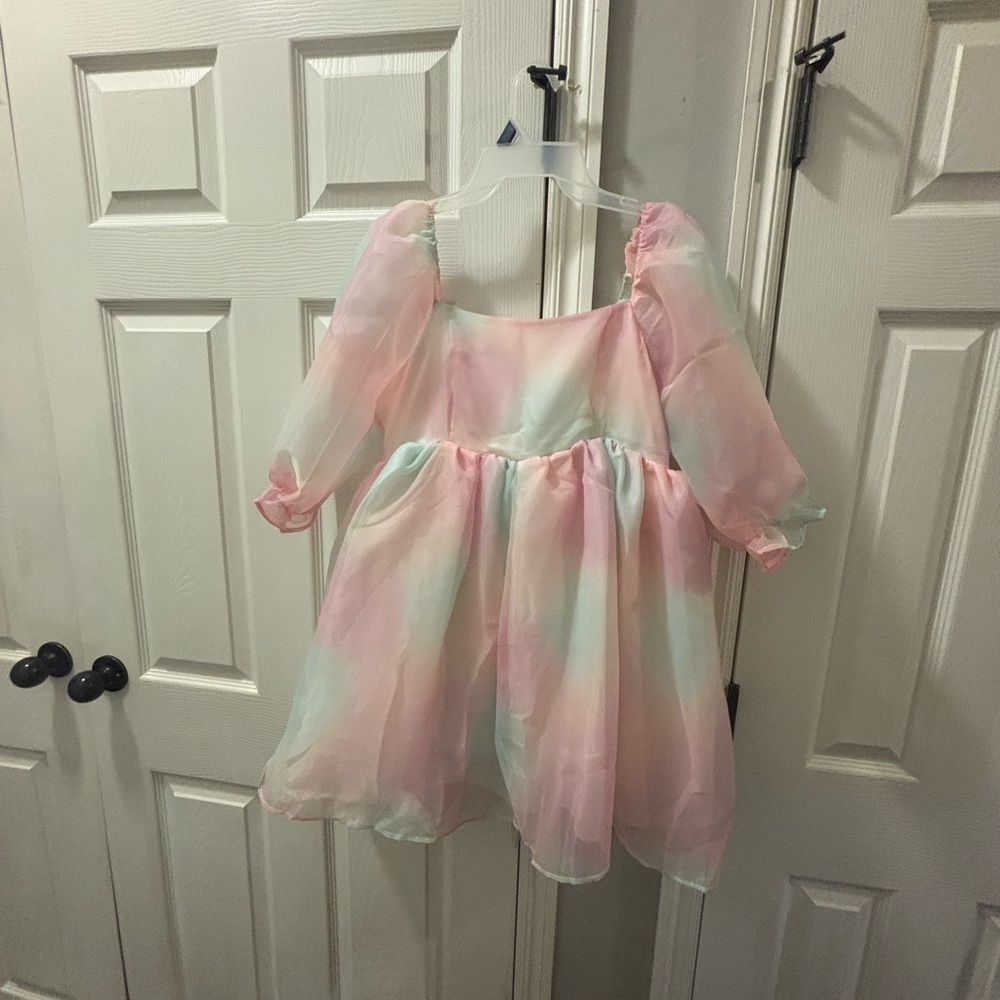 Pastel Pink and Green Puff Sleeve Dress